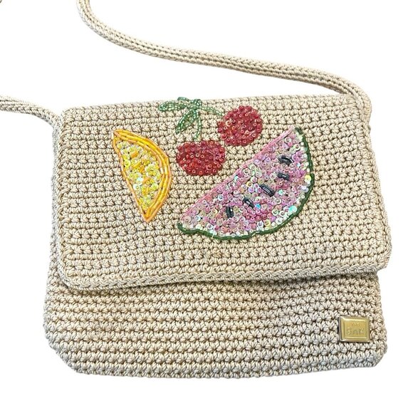 The Sak Womens Shoulder Bag Knitted Macramé Natural Beaded Fruit Design Motif - Picture 2 of 8